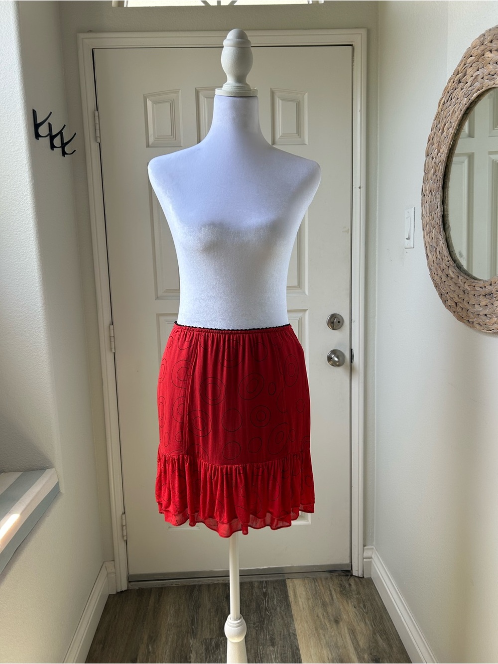 Vintage ULF Andersson Red Circle Print Ruffle Hem Skirt Y2K Rayon Made in USA